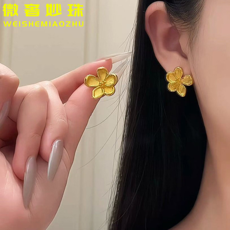 5D硬金黄金桃花耳环女999足金大气花朵耳钉纯金气质耳环送礼百搭