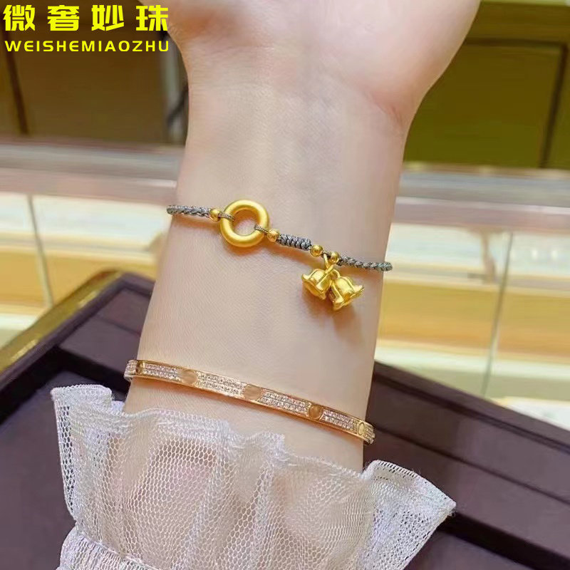 3D硬金黄金铃兰花手链女999足金平安扣转运珠本命年红绳脚链送礼