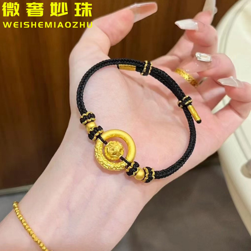 黄金平安扣手链男款999纯金钱币转运珠金箍圈编织手绳纯金情侣款