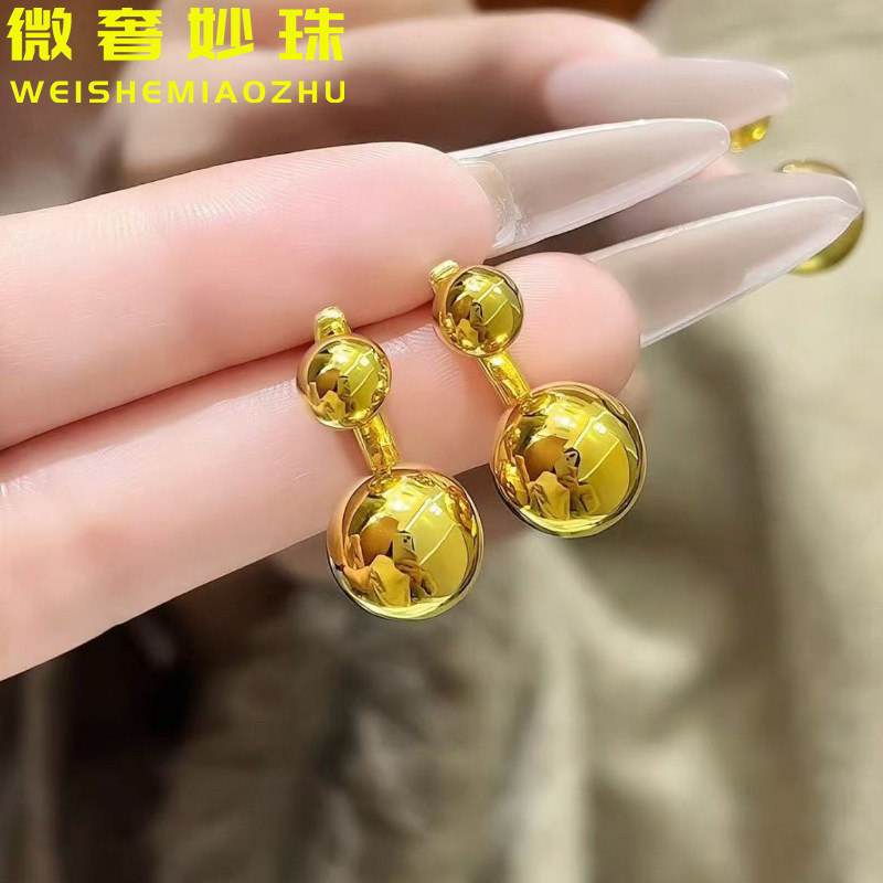 5D硬金黄金光珠耳钉女999足金新款大气珠珠耳环纯金耳饰送礼女款