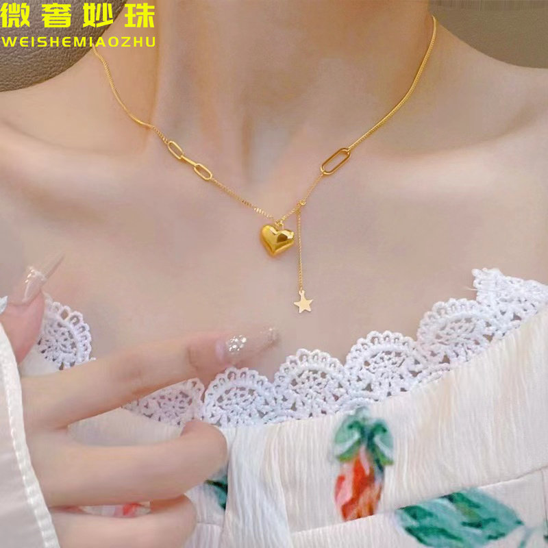 5G黄金爱心项链999足金流苏星星锁骨套链纯金一体项链送女友礼物