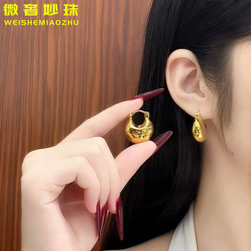 5D硬金黄金包包耳扣女999足金新款镜面大气百搭耳环纯金耳饰送礼