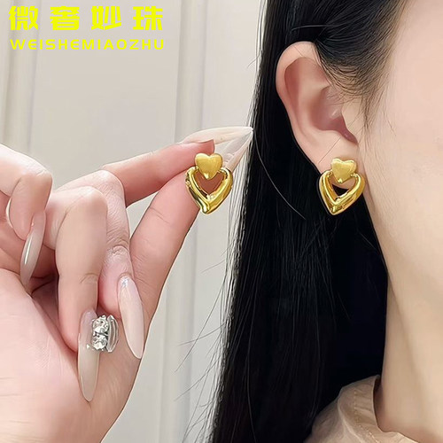 5D硬金黄金心心相印耳钉女999足金气质爱心心形耳环纯金耳饰送礼