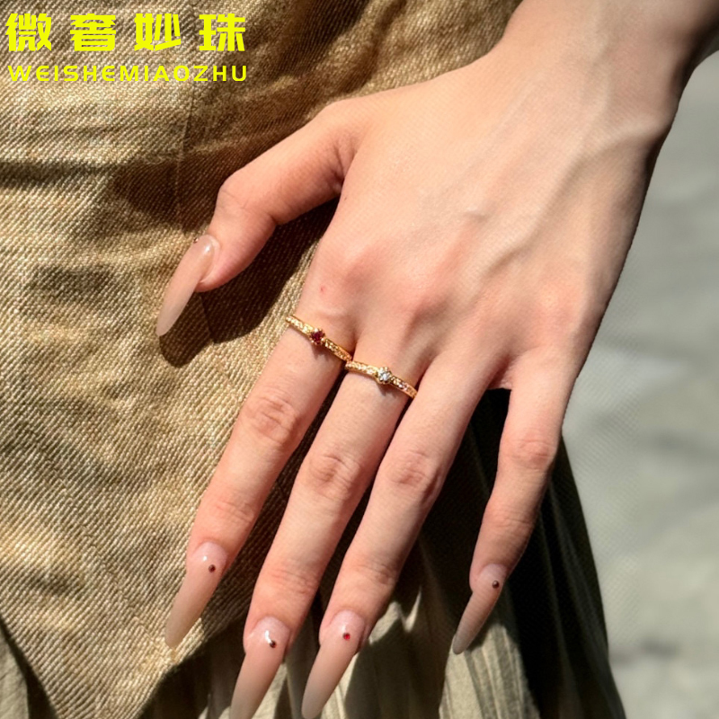 5D硬金黄金点钻戒指女999足金镶嵌指环纯金半圈小钻戒送女友礼物