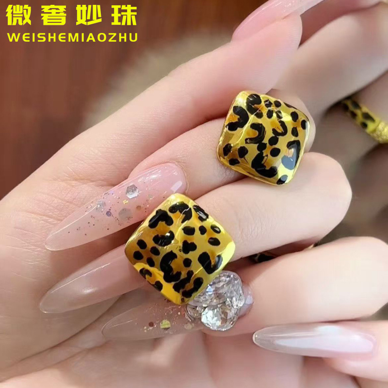 5D硬金黄金豹纹耳钉女999足金新款方形气质耳环纯金百搭耳饰送礼