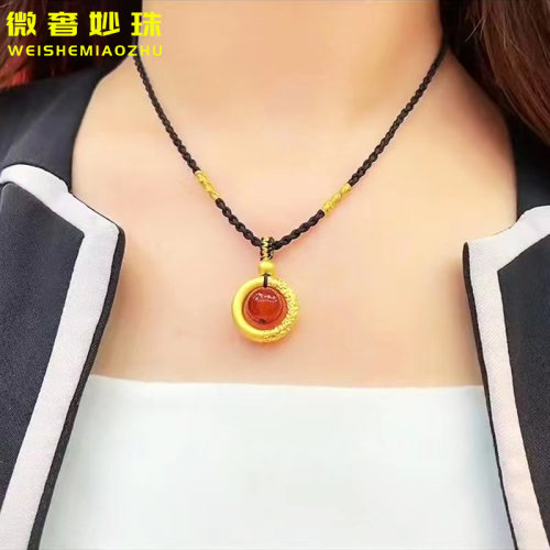 3D硬金黄金金箍圈平安扣黄金项链999足金红玛瑙素圈相思豆吊坠女 - 封面