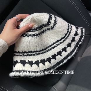 羊毛混纺费尔岛风大冬天渔夫帽白色针织帽毛线帽女川西风水桶帽子