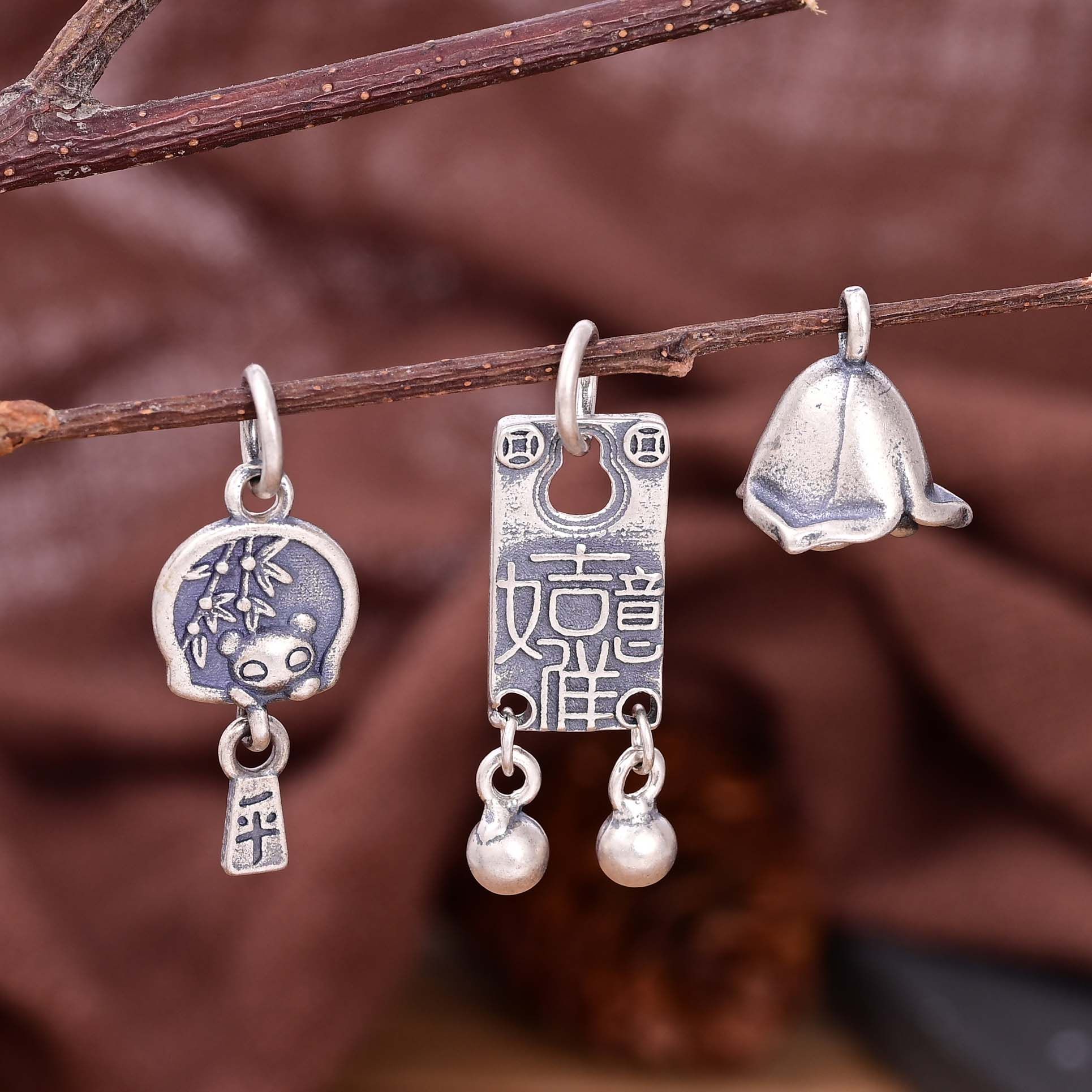 S925纯银好寓意吊球竹报平安熊猫玫瑰花吊件 国潮DIY手串饰品配件,饰品/流行首饰/时尚饰品新,银饰配件,淘宝优惠券,粉丝福利购,淘宝优惠卷