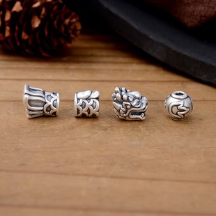 S999足银生肖龙隔珠 3D复古国风配饰DIY双龙抢珠红绳手链编织配件