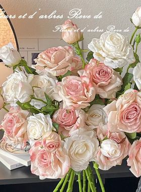 法式烤边多头玫瑰仿真花餐桌花摆花手捧花假花花束摆件仿生花干花