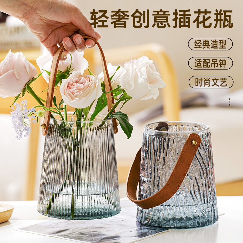 欧式简约手提玻璃花瓶网红款水培水养植物鲜花插花瓶桌面装饰摆件,鲜花速递/花卉仿真/绿植园艺,花瓶,淘宝优惠券,粉丝福利购,淘宝优惠卷