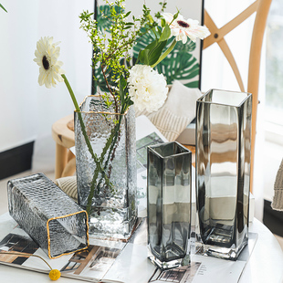 创意北欧轻奢描金玻璃花瓶透明方口水培鲜花干花插花瓶客厅摆件