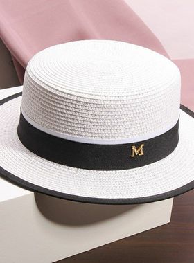 M标白色平顶草帽女夏季出游遮阳防晒沙滩帽模特走秀演出时尚礼帽