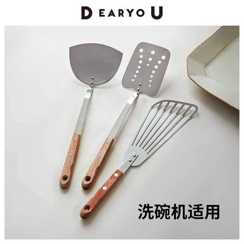 霜鸟日本进口不锈钢煎铲家用多功能炒菜煎蛋铲子木把手蝴蝶铲锅铲