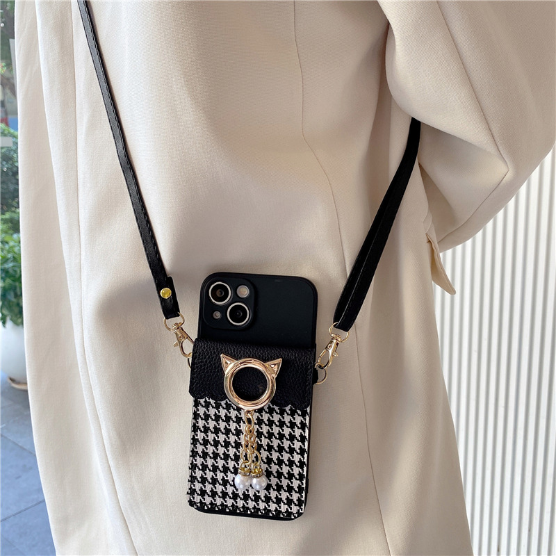 轻奢千鸟格卡包斜跨背带手机壳女