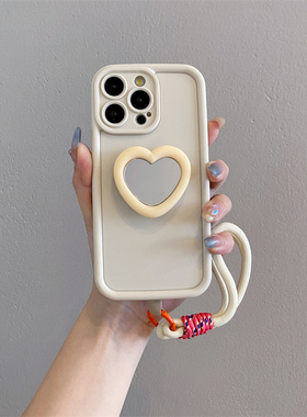 奶白爱心镜子支架适用opporeno13手机壳reno12/11pro补妆镜reno9斜跨findx8/7挂链A58女款A2/A3全包k12保护壳