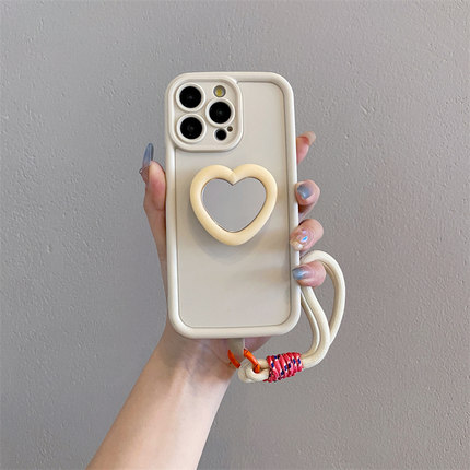 奶白爱心镜子支架适用opporeno13手机壳reno12/11pro补妆镜reno9斜跨findx8/7挂链A58女款A2/A3全包k12保护壳