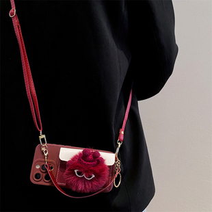 酒红毛绒煤球卡包适用华为pura70pro手机壳pura80pro保护套mate70/60pro卡通mate80斜跨p60全包nova15/14防摔