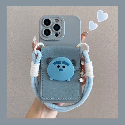 蓝色毛毛怪卡包适用于opporeno14手机壳reno13/12/11pro可背带reno10斜挎挂绳reno9卡通findx8/7全包A2防摔套