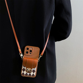 菱格纹学院风卡包适用iphone17promax苹果13手机壳15pro可背带16promax斜挎挂绳xr xsmax防摔12 11软14plus女