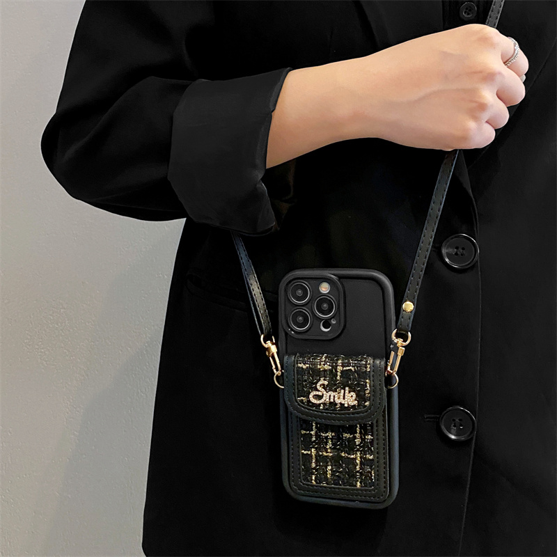 小香风英文卡包斜跨手机壳个性