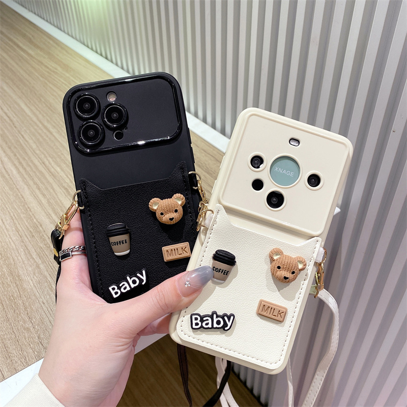 适用苹果15pro手机壳iphone14promax立体咖啡小熊卡包13p趣味卡通12可爱新款16pro女款xr/xr斜跨挂绳11手机套