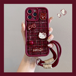 x100 s17 x90绒布s30女s20 s18 s16挂绳y300手机壳 s19 冬日酒红色小香风kt猫适用vivox300pro手机壳x200s新款