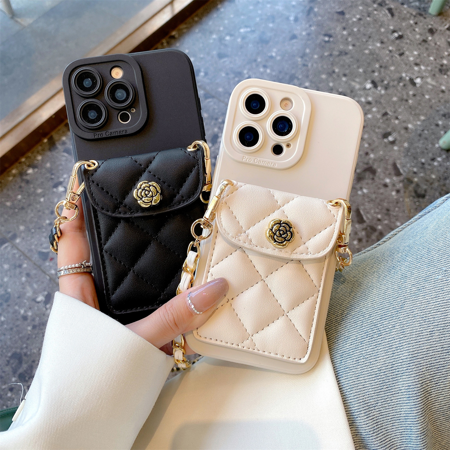 小香风格纹山茶花卡包手机壳