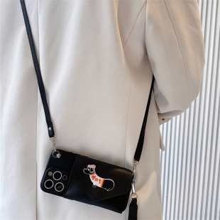 黑色hot刺绣狗卡包适用vivox300pro手机壳x200斜挎x100/x90背带s30挂绳vivos20/s19/s18/s17/s16全包y500软壳