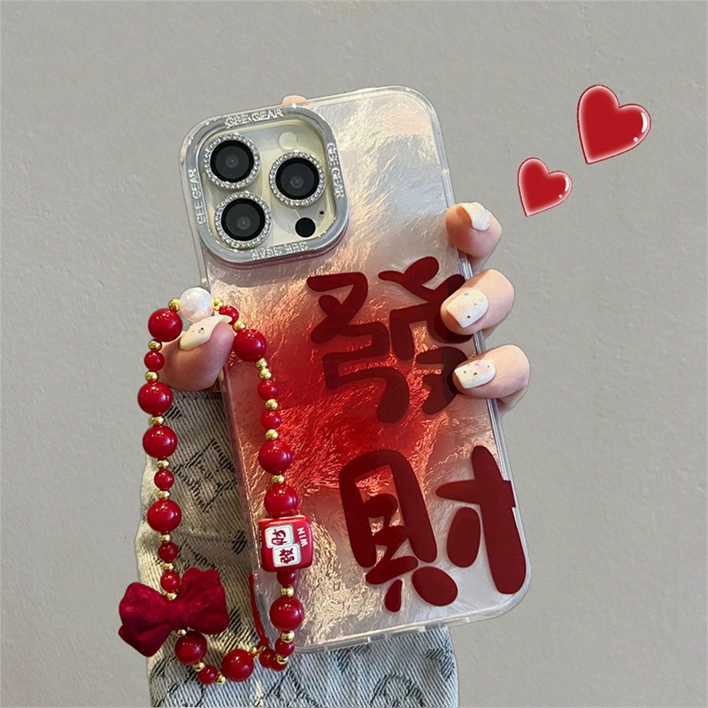 ins红色晕染发财喜乐适用苹果16promax手机壳新款iphone15pro蝴蝶结手链14plus个性创意13防摔保护套12pm女款