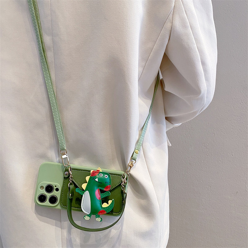 绿色小恐龙零钱包适用于荣耀300/200pro手机壳100手提90荣耀magic7/6斜挂绳80/70/60硅胶x50卡通x40i防摔软套