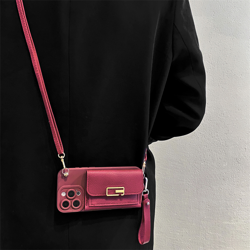 酒红回字扣零钱包斜跨手机壳