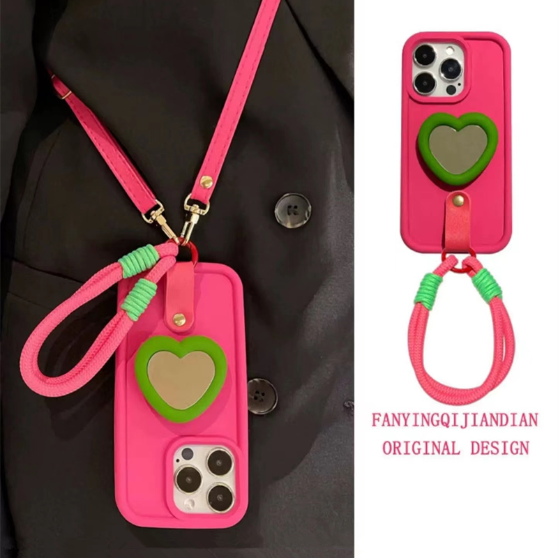 硅胶简约爱心镜子手绳背带手机壳