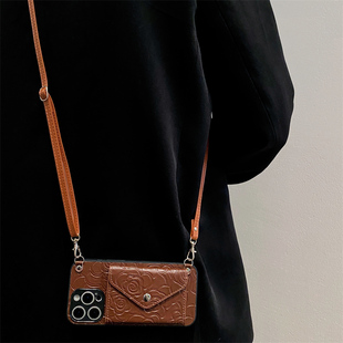 复古山茶花卡包适用荣耀500手机壳400/300/200pro新款100斜跨90挂绳80皮质70/x60高级感x50i女magic8/7防摔套