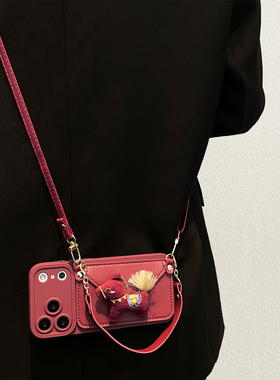 酒红毛绒小马卡包适用opporeno15手机壳reno14女reno13/12/11pro斜挎reno10挂绳findx9/8全包A6硅胶A5/A3防摔