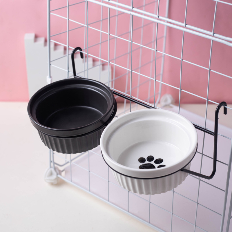 宠物陶瓷倾斜架双碗护颈宠物碗保护颈椎条纹猫食盆猫咪饮水粮碗