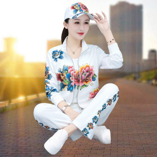 官方女装胖mm秋冬装休闲时尚运动套装长袖印花开衫立领三件套