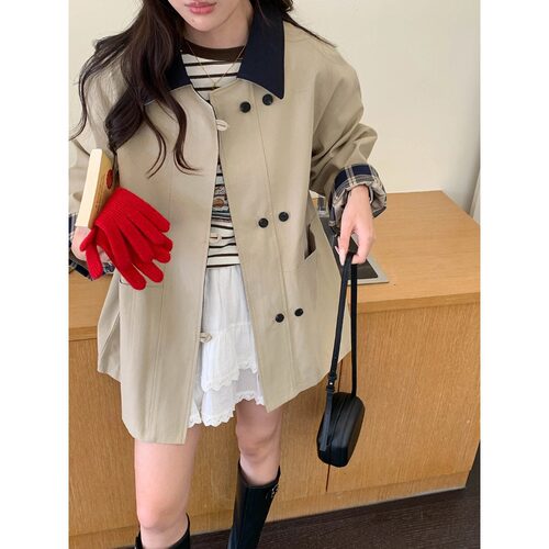 英伦天丝棉拼接双排扣风衣女