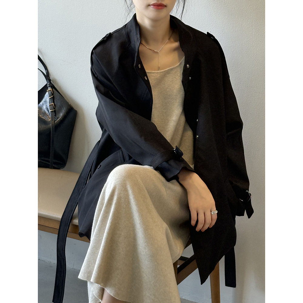 北山桐树 英伦风立领风衣外套女 秋季宽松休闲绑带外套短款 82585