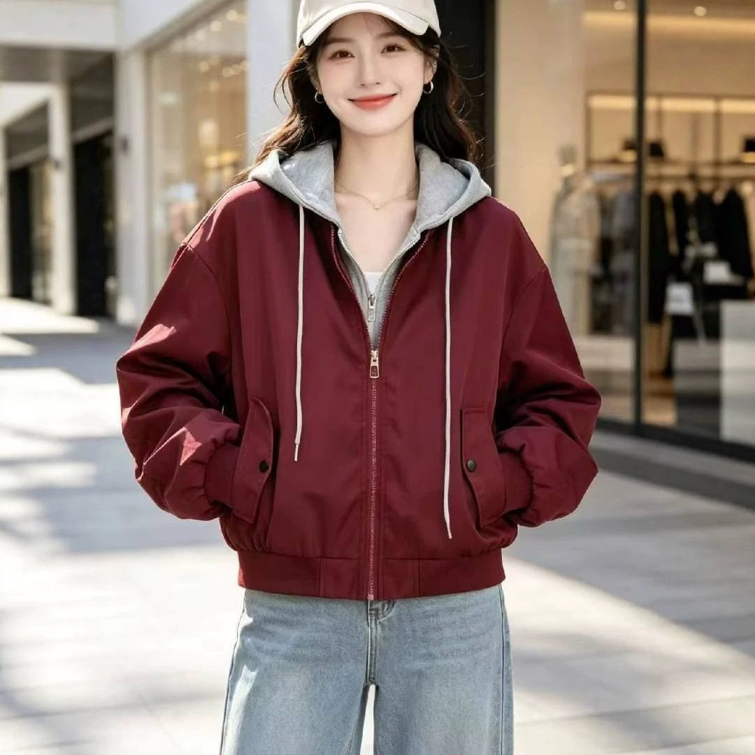 休闲风连帽假两件短外套女春秋季2026新款宽松百搭棒球服夹克上衣
