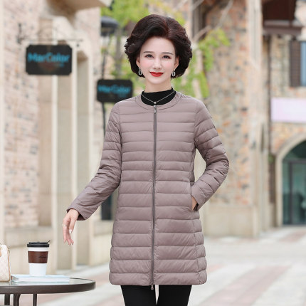 新款秋冬羽绒服女圆领中长款无领妈妈装时尚轻薄款洋气内胆外套