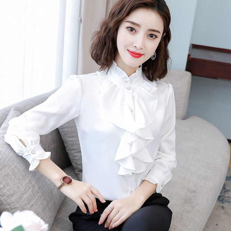 白色立领雪纺衬衫女木耳边2026新款春秋高端女士打底小衫加绒上衣