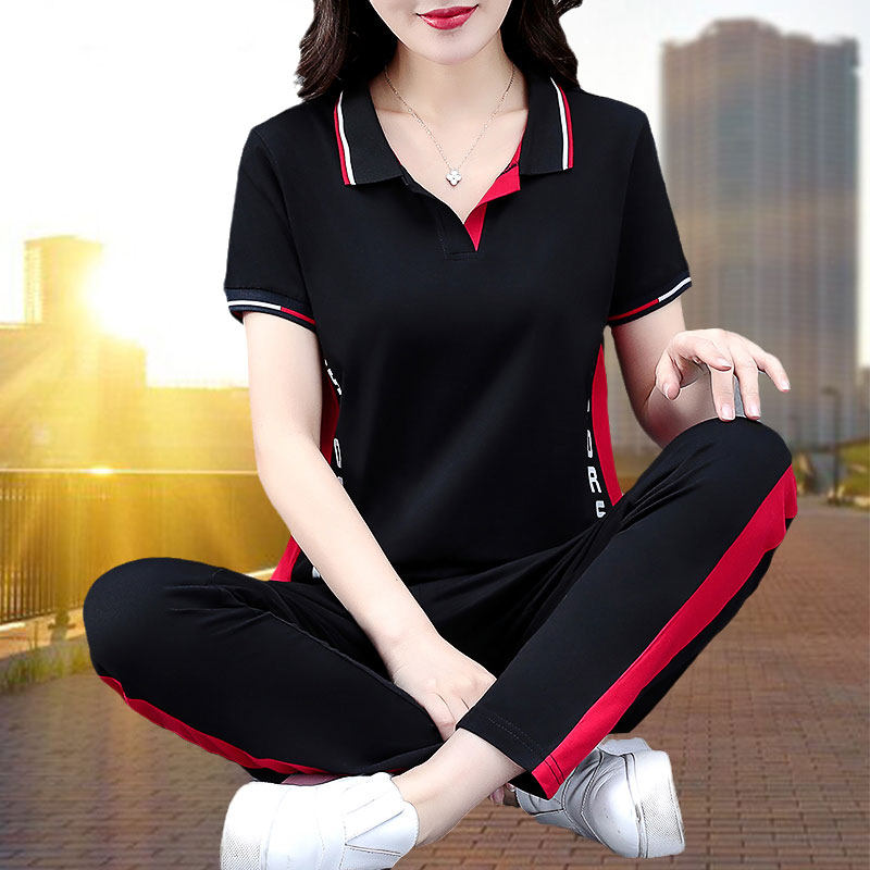 夏装休闲运动服套装女2026新款品牌宽松妈妈装纯棉中年女士两件套