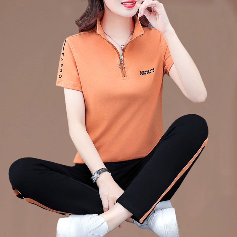纯棉夏季休闲运动服套装女2026年新款品牌宽松中年女士立领妈妈装