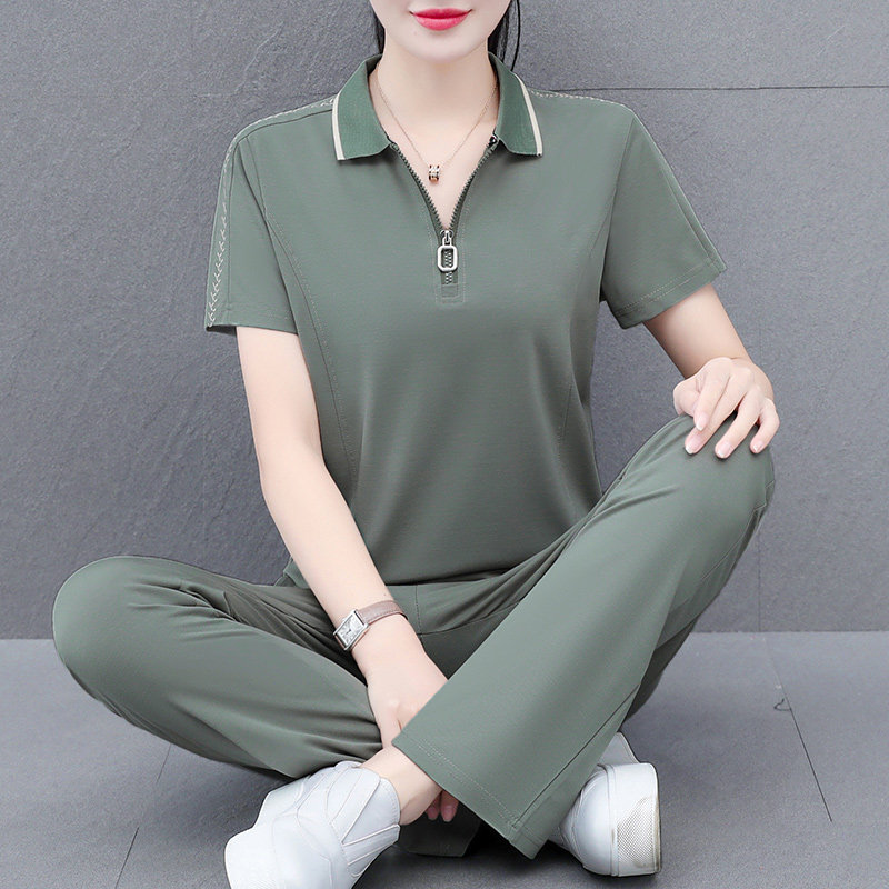 2026新款冰丝运动服套装女夏季中老年妈妈夏装休闲翻领短袖两件套