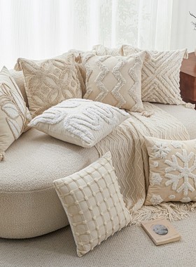 Cream woven tuft pillow sofa tassel embroidery cushion cover