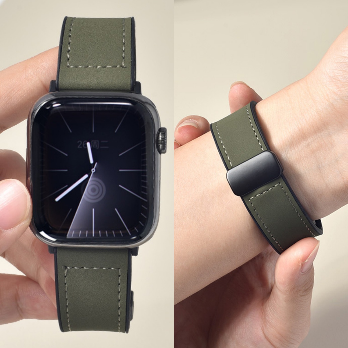 适用苹果表带S11Watchs10疯马皮硅胶磁吸iwatch9表带皮质高级感运动S9手表带女透气S8ultra秋冬男款小众款7se