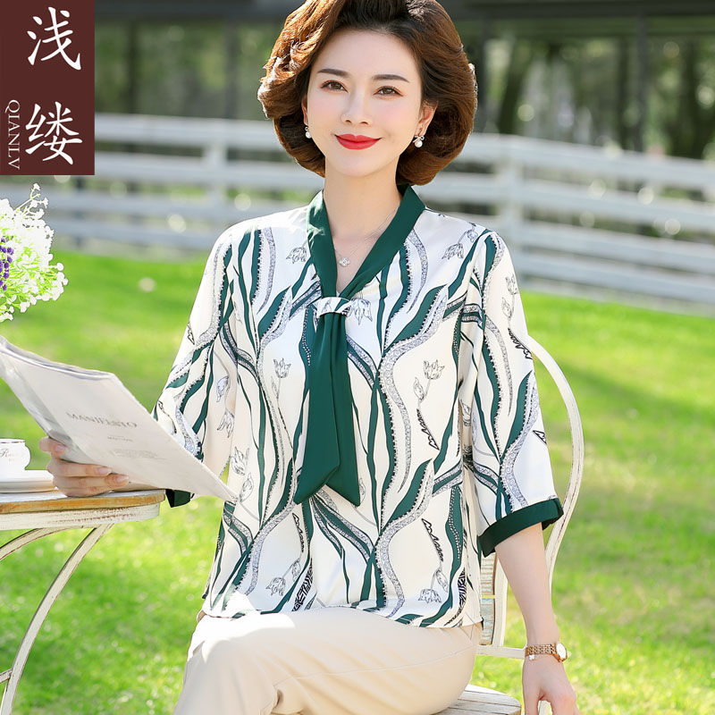 妈妈夏装套装短袖雪纺小衫中年妇女洋气上衣中老年气质女装薄t恤