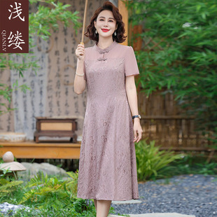 年輕媽媽夏裝 桑蠶絲連衣裙氣質中老年女裝 短袖 改良旗袍裙子 新中式