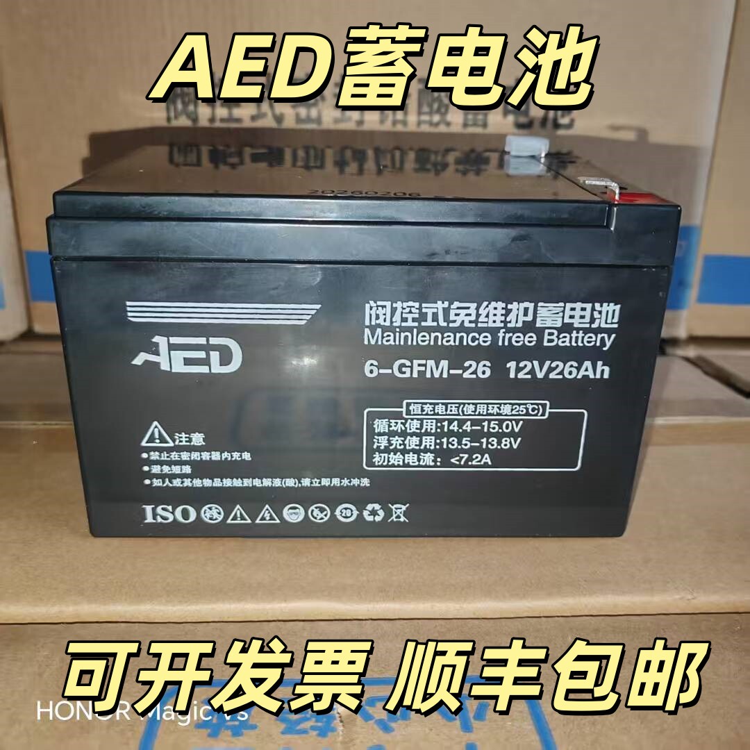 AED阀控式免维护蓄电池6-GFM-26 12V26AH消防集中应急照明用电瓶